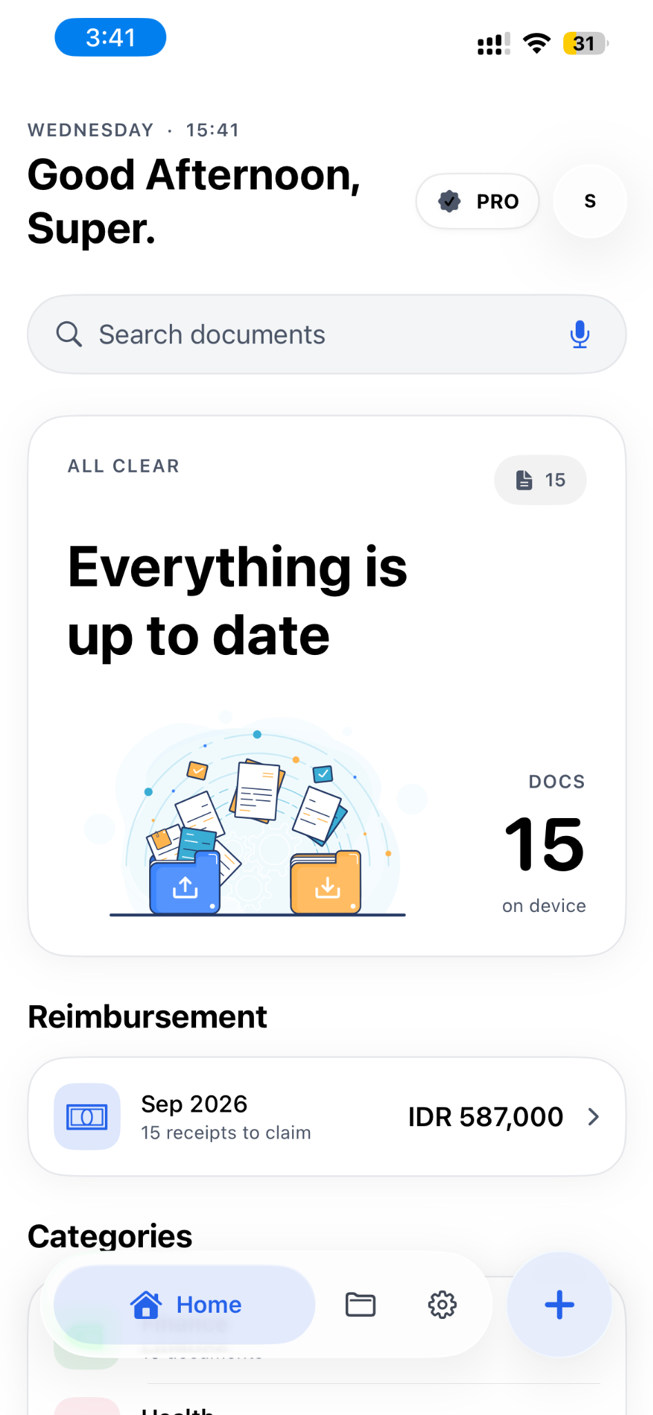 DocBindr home screen showing Everything is up to date, 15 documents, September reimbursements and the app navigation