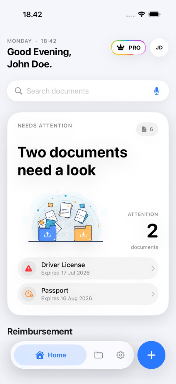 The DocBindr home screen listing two documents that need attention, with their expiry dates.