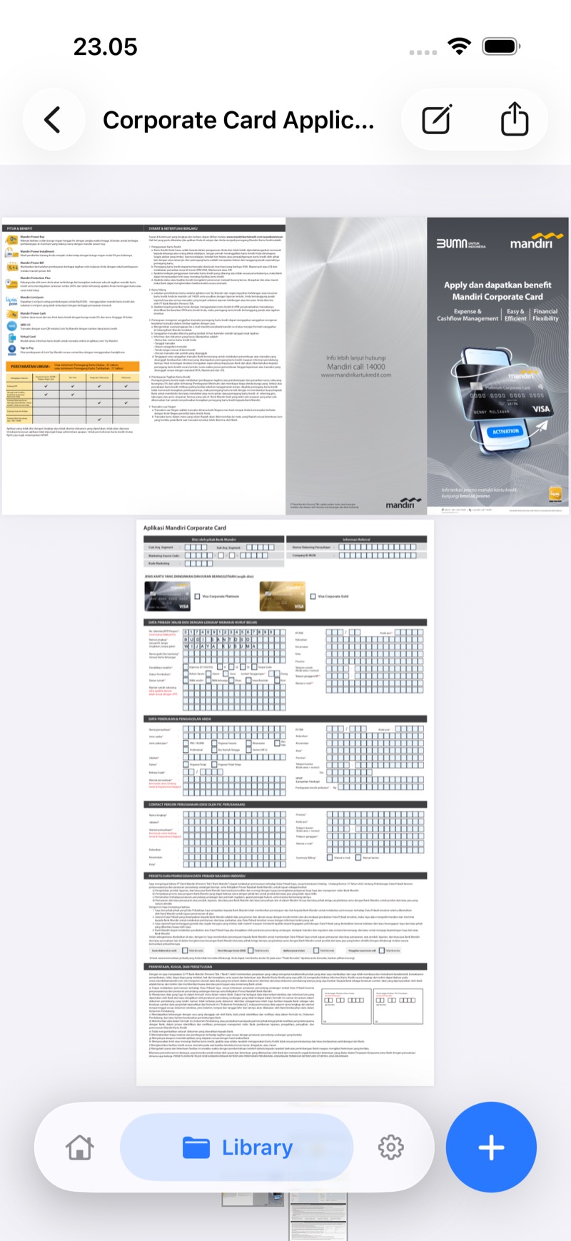 A bank corporate card application open in DocBindr with a name typed one letter per box across its comb fields.