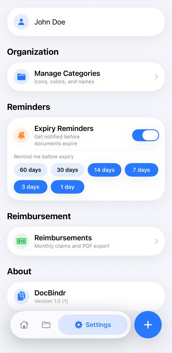 DocBindr settings showing the Expiry Reminders switch turned on and lead times of 30, 7 and 1 day selected.